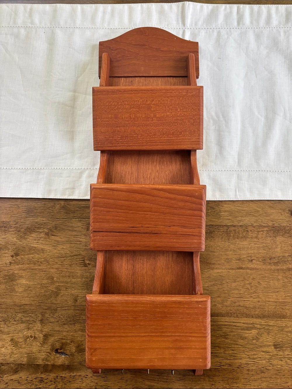 Vintage Goodwood Teak Wood Wall Organizer 3 Tier Entry Letter Holder & Key Hooks